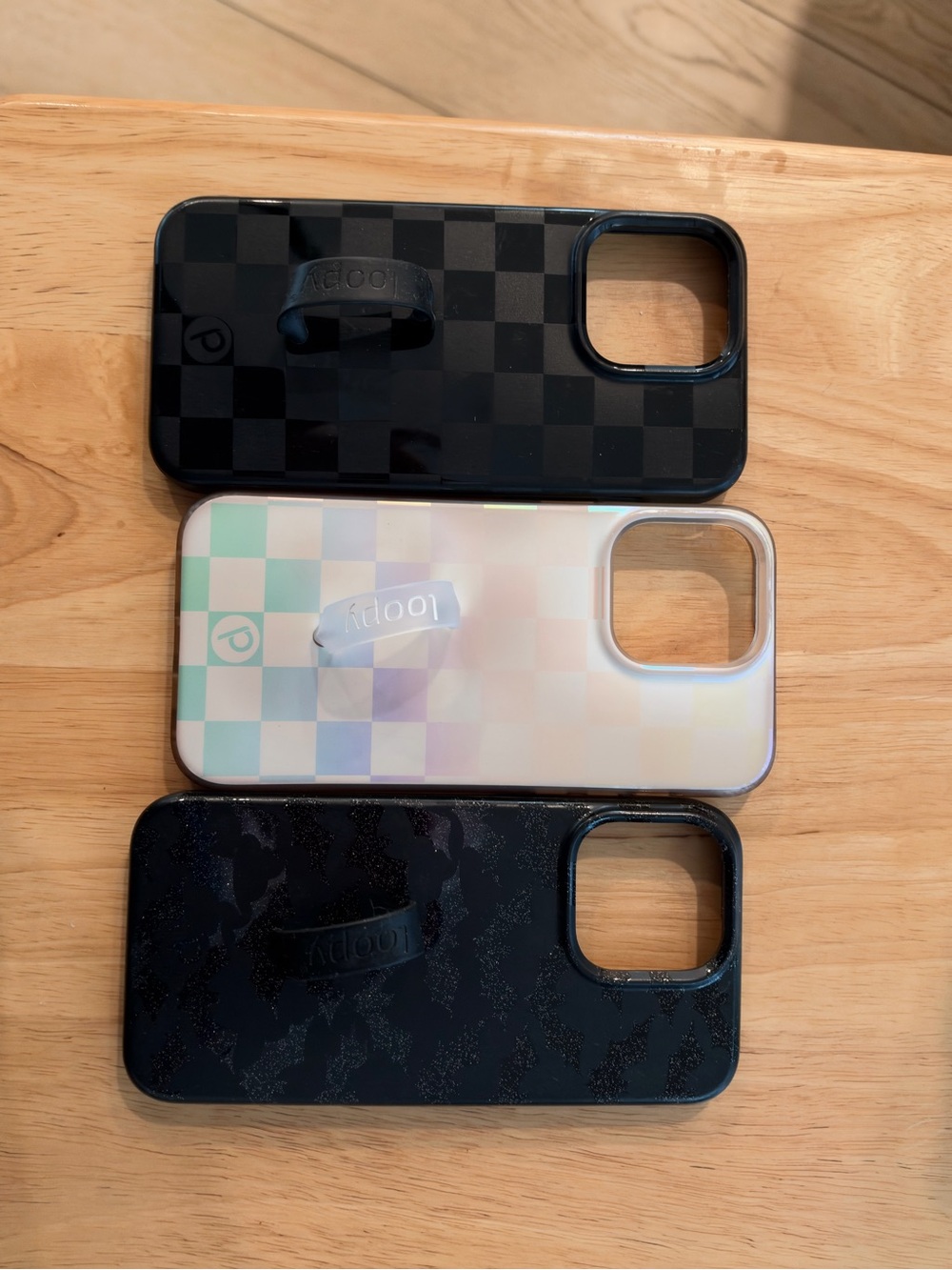 Loopy Cases for iPhone 15 ProMax: iridescent checker, glitter bats & black check